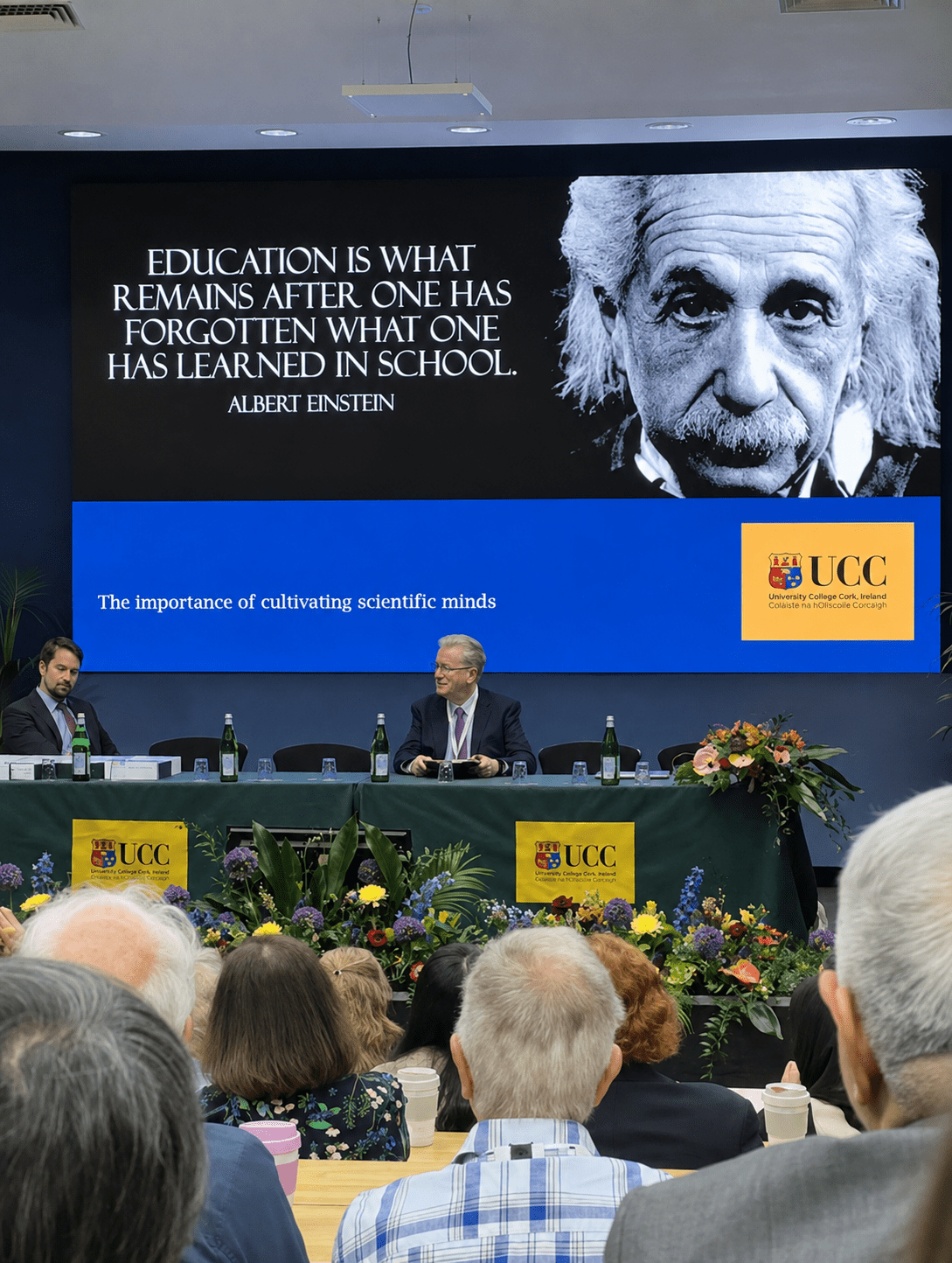 ICASE World Conference plenary session with an education message displayed on stage