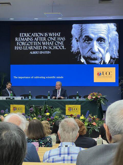 ICASE World Conference plenary session with an education message displayed on stage