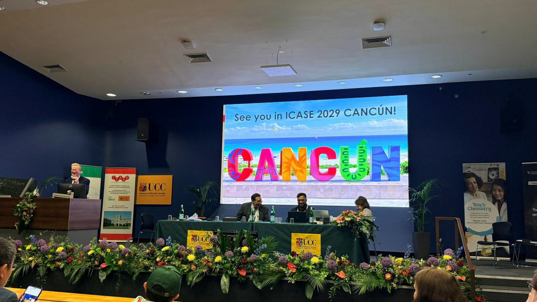 ICASE 2029 Cancun announcement displayed during an international conference session